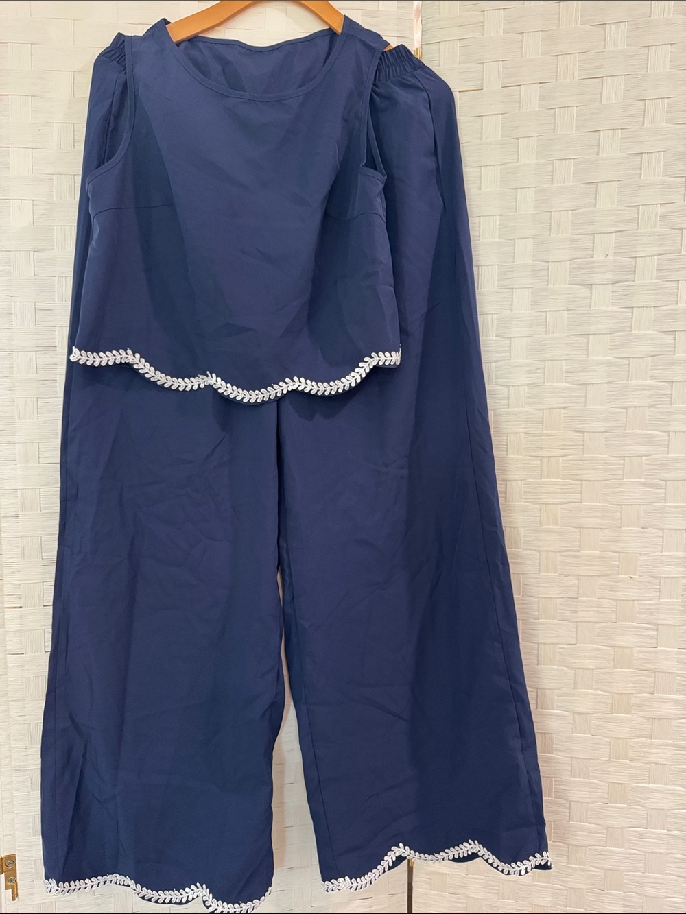Navy Wide-Leg Women’s Pants with Embroidered Trim and Matching Top